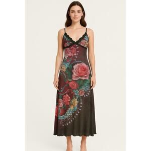 Women’s Sleeveless Floral Dress Size M Multicolor Rose Print Lace Trim Boho